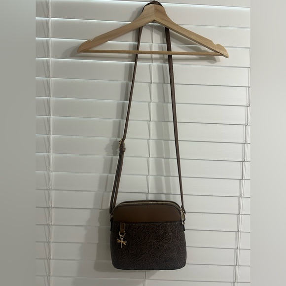 Handbags - Brown Floral Embossed Crossbody Bag